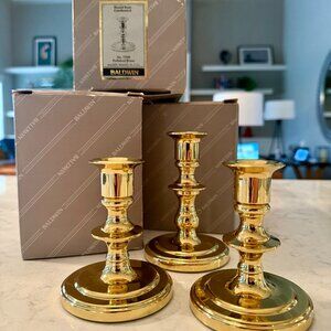 New, Vintage Balwin Candlesticks in Polished Brass and in Original Packaging